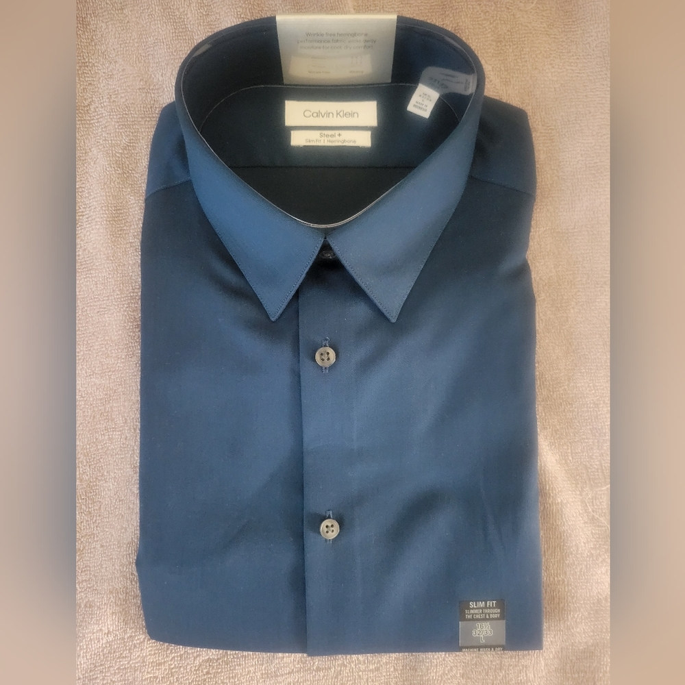 Calvin Klein Mens Slim-Fit Blue Long-Sleeve Button Top Dress Shirt 16½ 32/33